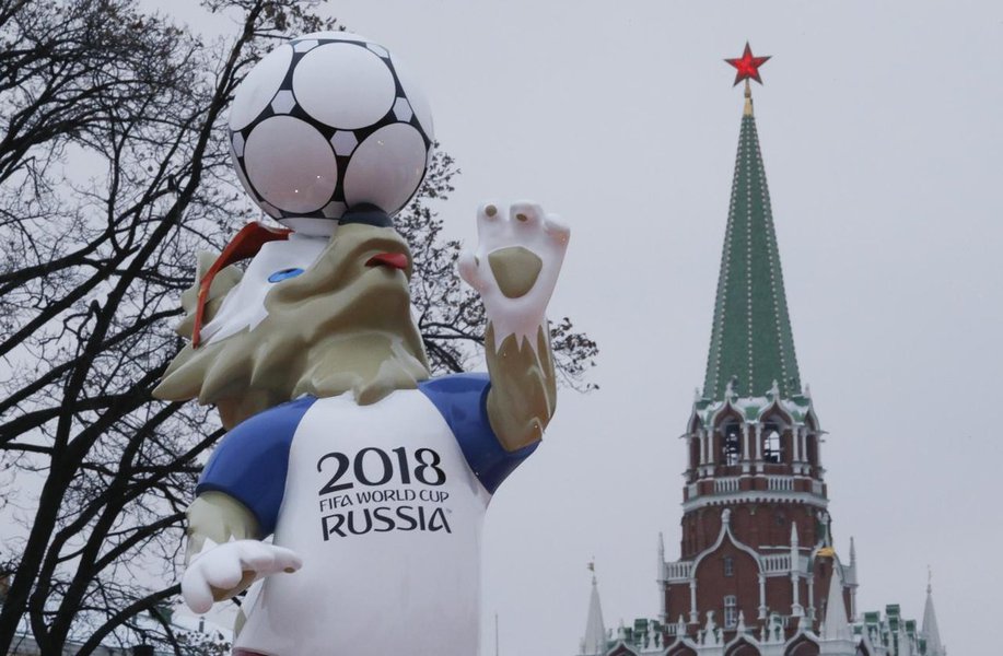 The official mascot for the 2018 FIFA World Cup Russia, Zabivaka, is on display near a tower of the Kremlin in central Moscow, Russia November 29, 2017. REUTERS/Sergei Karpukhin