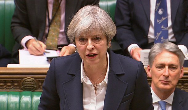 Britain's Prime Minister Theresa May speaks in Parliament as she announces that she has sent the letter to trigger the process of leaving the European Union in London, March 29, 2017. Parliament TV handout via REUTERS