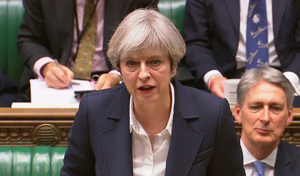 Britain's Prime Minister Theresa May speaks in Parliament as she announces that she has sent the letter to trigger the process of leaving the European Union in London, March 29, 2017. Parliament TV handout via REUTERS