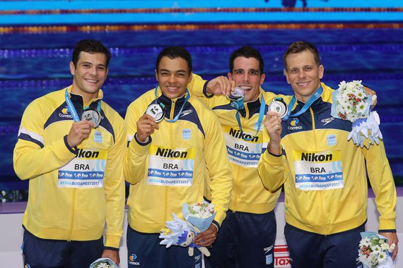 Revezamento 4x100 livre, medalha de prata. Campeonato Mundial de Desportos Aquaticos. Duna Arena. 23 de Julho de 2017, Budapeste, Hungria. Foto: Satiro Sodré/SSPress/CBDA