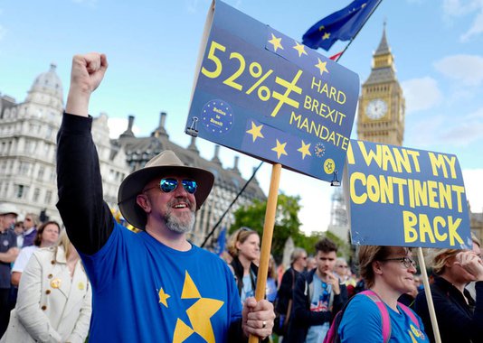 Demonstrators react in Parliament Square during the anti-Brexit 'People's March for Europe', in central London, Britain September 9, 2017. REUTERS/Tolga Akmen