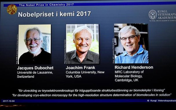 Vencedores do Nobel de Química de 2017, Jacques Dubochet, Joachim Frank e Richard Henderson TT News Agency/Claudio Bresciani via REUTERS 04/10/2017
