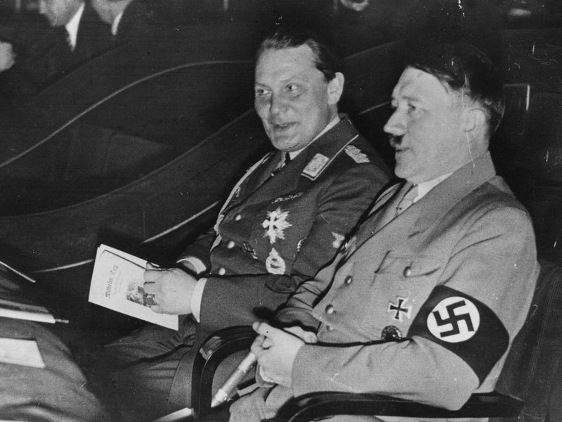 1934: German Nazi dictator, Adolf Hitler (1889 - 1945) (right) with Nazi Field Marshal, Hermann Goering (1893-1946). (Photo by Central Press/Getty Images)