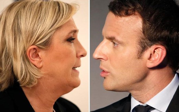 Uma montagem com as fotos dos candidatos à Presidência da França Marine Le Pen e Emmanuel Macron. 02/03/2017 (esquerda) e 13/04/2017 (direita) REUTERS/Charles Platiau