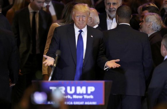 Republican U.S. presidential candidate Donald Trump gestures at his New York presidential primary night rally in Manhattan, New York, U.S., April 19, 2016. REUTERS/Carlo Allegri