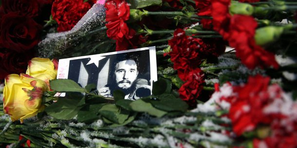 MOSCOW, RUSSIA - NOVEMBER 26, 2016: Flowers at the Cuban Embassy in Moscow in memory of Cuba's revolutionary leader and former president Fidel Castro.