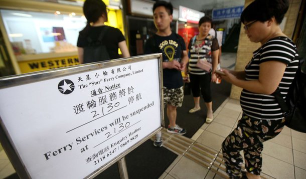 A stopped service notice was seen in Star Ferry Pier in TST because of Typhoon signal hoisted. 01AUG16 SCMP/David Wong