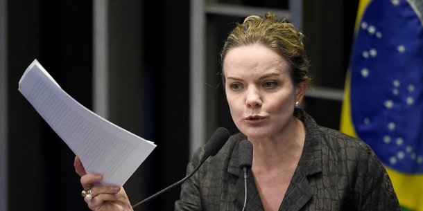 Senator Gleisi Hoffmann, former chief of staff of Brazilian president Dilma Rousseff, speaks during a senate's session to form a committee