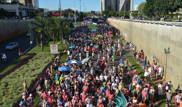 Brasília - O Pacotão, bloco mais tradicional de sátira política do país, desfila pela contramão das ruas da cidade, arrastando foliões na capital federal (Marcello Casal Jr/Agência Brasil)