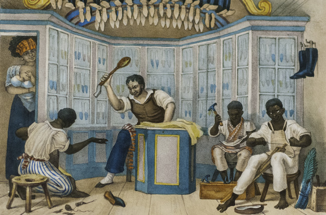 Loja de Sapateiro, com escravo negro sendo punido. Aquarela e Jean Baptiste Debret, 1820-1830