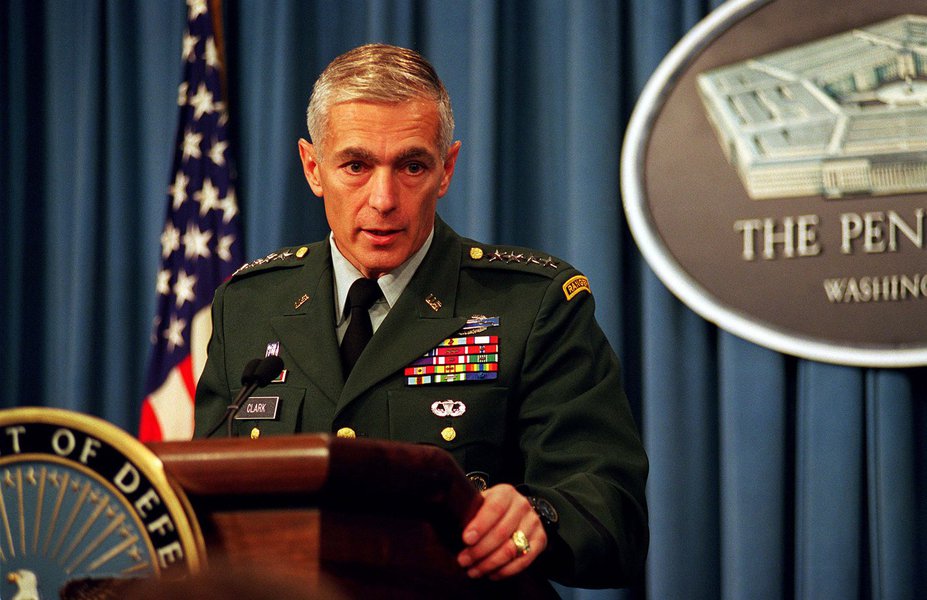 970903-D-9880W-028 Gen. Wesley Clark, U.S. Army, supreme allied commander Europe, briefing the Pentagon press Sept. 3, 1997, on the current situation in Bosnia and Herzegovina. DoD photo by R. D. Ward.