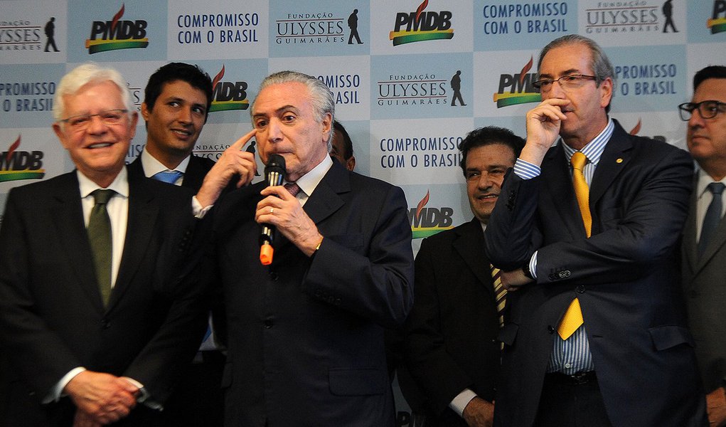 O ministro, Moreira Franco, o Vice Presidente Michel Temer, o presidente da C�mara, Eduardo Cunha, durante apresenta��o das M�dias Digitais do PMDB na Funda��o Ulisses Guimar�es (Ant�nio Cruz/Ag�ncia Brasil)