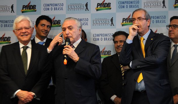 O ministro, Moreira Franco, o Vice Presidente Michel Temer, o presidente da C�mara, Eduardo Cunha, durante apresenta��o das M�dias Digitais do PMDB na Funda��o Ulisses Guimar�es (Ant�nio Cruz/Ag�ncia Brasil)