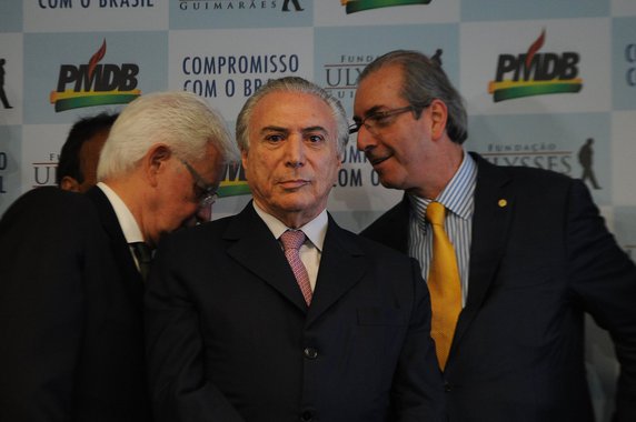 O ministro, Moreira Franco, o Vice Presidente Michel Temer, o presidente da Câmara, Eduardo Cunha, durante apresentação das Mídias Digitais do PMDB na Fundação Ulisses Guimarães (Antônio Cruz/Agência Brasil)