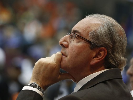 The president of the Brazilian Chamber of Deputies, Eduardo Cunha, from the Brazilian Democratic Movement Party (PMDB) meets with union workers in Sao Paulo