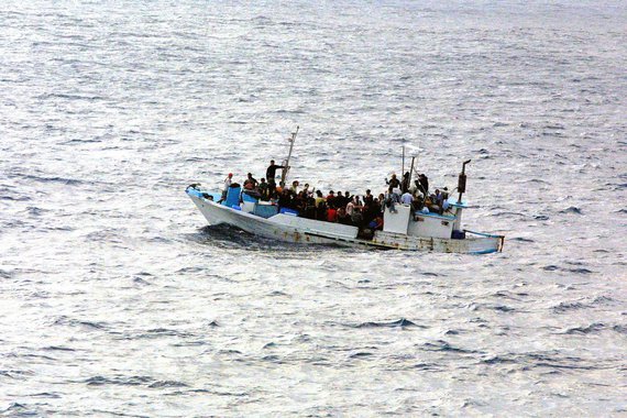 A distressed vessel discovered by the US Navy (USN) Oliver Hazard Perry Class Guided Missile Frigate USS RENTZ (FFG 46)