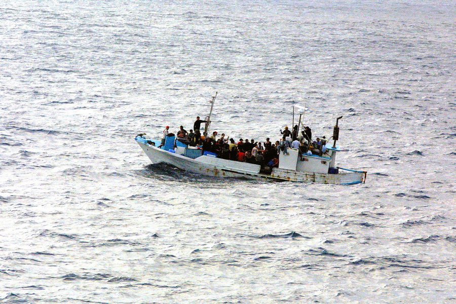A distressed vessel discovered by the US Navy (USN) Oliver Hazard Perry Class Guided Missile Frigate USS RENTZ (FFG 46)