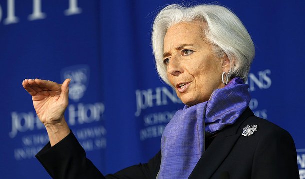 International Monetary Fund Managing Director Christine Lagarde gestures as she speaks about the global economy at the Johns Hopkins School of Advanced International Studies in Washington April 2, 2014. The European Central Bank should ease monetary polic