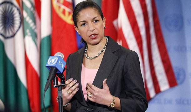 Susan E. Rice, Permanent Representative of the United States of America to the UN, speaks with reporters following a Security Council meeting on the Southern Sudan