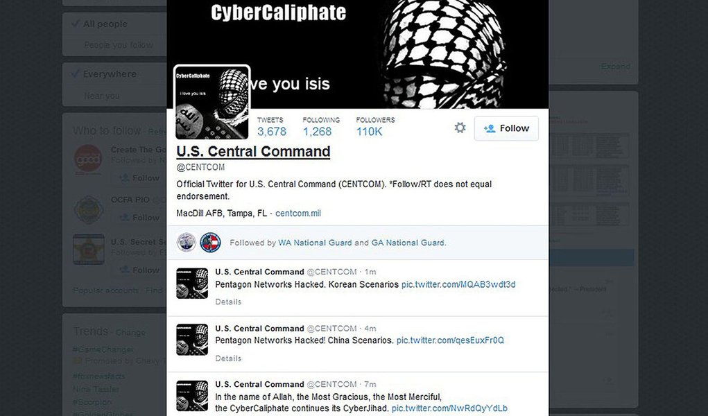 Imagem da tela de um computador mostra a conta no Twitter do Comando Militar dos EUA, que foi invadida por hackers nesta segunda-feira. 12/01/2015 REUTERS/Staff