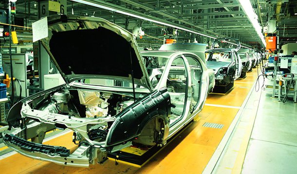 unfinished automobiles in a car plant