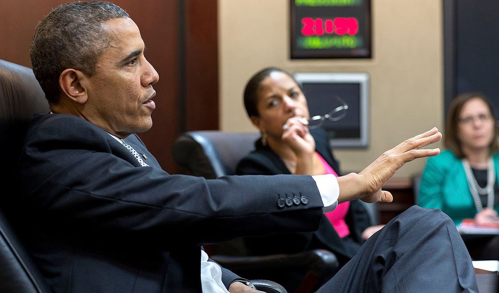 President Barack Obama meets with National Security Advisor Susan E. Rice and National Security Council staff in the Situation Room of the White House, April 3, 2014. (Official White House Photo by Pete Souza) 

This official White House photograph is b