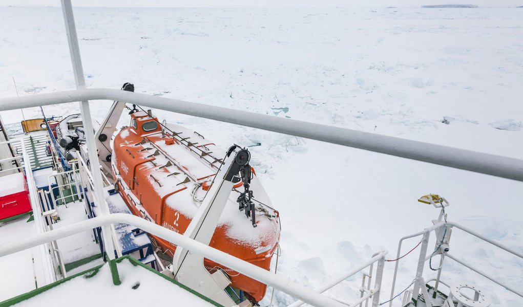 A thin coat of snow covers the deck of the trapped ship MV Akademik Shokalskiy in East Antarctica early December 29, 2013, some 100 nautical miles (185 km) east of French Antarctic station Dumont D'Urville and about 1,500 nautical miles (2,800 km) south o