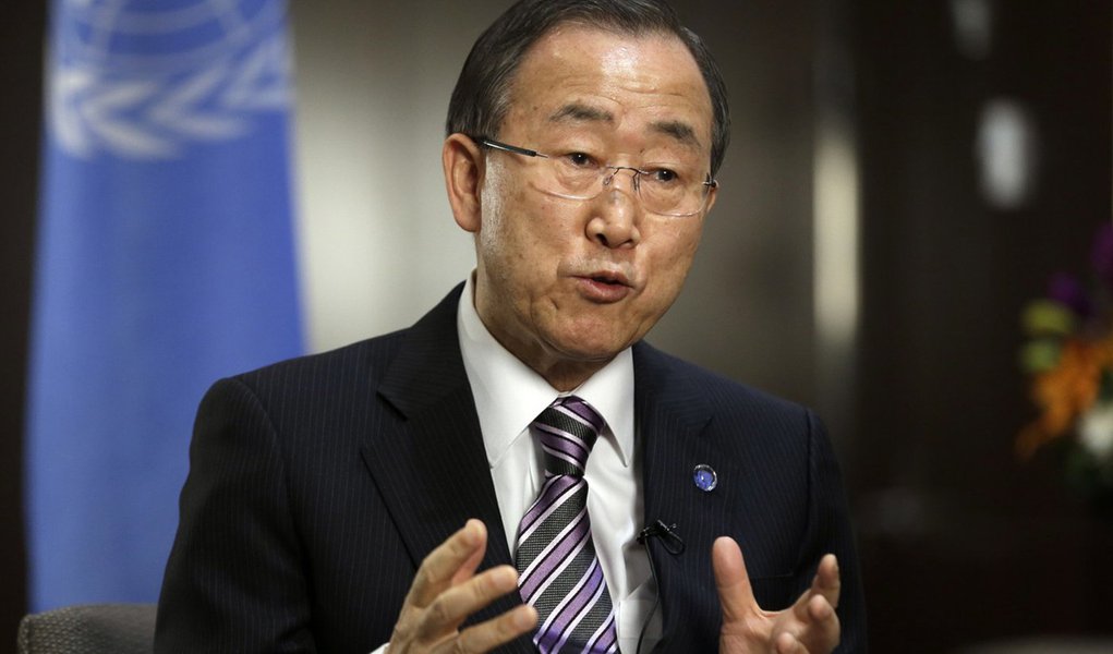 FILE - In this Jan. 11, 2013 file photo United Nations Secretary General Ban Ki-moon responds to questions during a news interview at the United Nations headquarters. Ban Ki-moon says his top hopes for 2013 are to reach a new agreement on climate change a