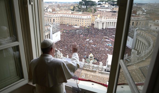 In this photo provided by the Vatican paper L'Osservatore Romano, Pope Francis delivers his Angelus prayer from the window of his studio overlooking St. Peter's Square, at the Vatican, Sunday, March 17, 2013. Breaking with tradition, Pope Francis delivere
