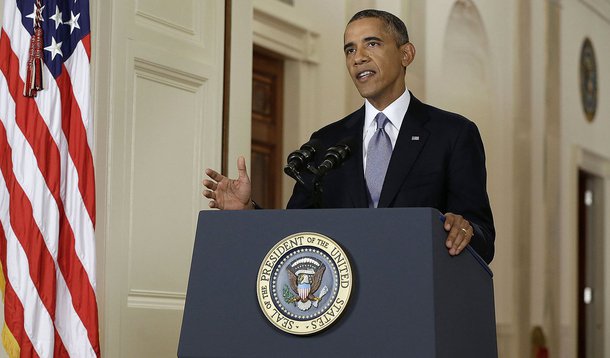 U.S. President Barack Obama addresses the nation about the situation in Syria from the East Room at the White House in Washington, September 10, 2013.   REUTERS/Evan Vucci/POOL   (UNITED STATES  - Tags: POLITICS CONFLICT)