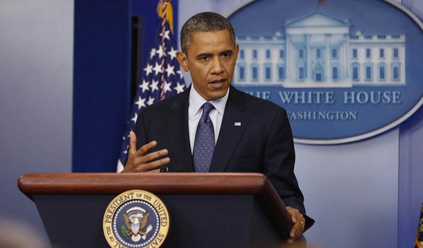 U.S. President Barack Obama speaks to the press about the economy in the White House Press Briefing Room in Washington, June 8, 2012.  REUTERS/Larry Downing    (UNITED STATES - Tags: POLITICS)