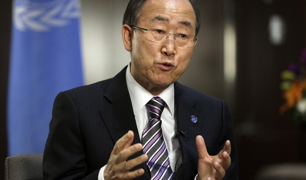 FILE - In this Jan. 11, 2013 file photo United Nations Secretary General Ban Ki-moon responds to questions during a news interview at the United Nations headquarters. Ban Ki-moon says his top hopes for 2013 are to reach a new agreement on climate change a