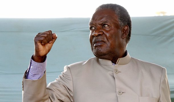 President Michael Sata sings the national anthem after a rally at Chama district market where he went to drum up support for the PF candidate January Zimba ahead of this week’s Chama North by-elections – Picture by Joseph Mwenda