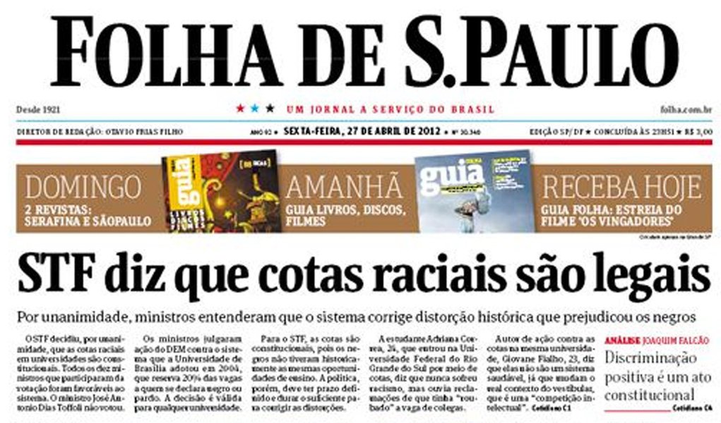 Após decisão do STF, Folha critica cotas raciais