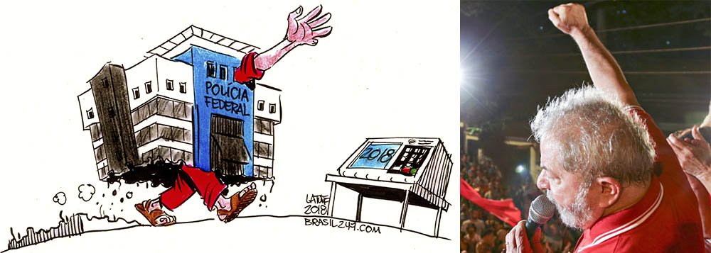 O chargista Carlos Latuff retrata nesta segunda-feira, 4, a força eleitoral do ex-presidente Luia Inácio Lula da Silva, que é mantido como preso político na sede da Polícia Federal em Curitiba desde o dia 4 de abril