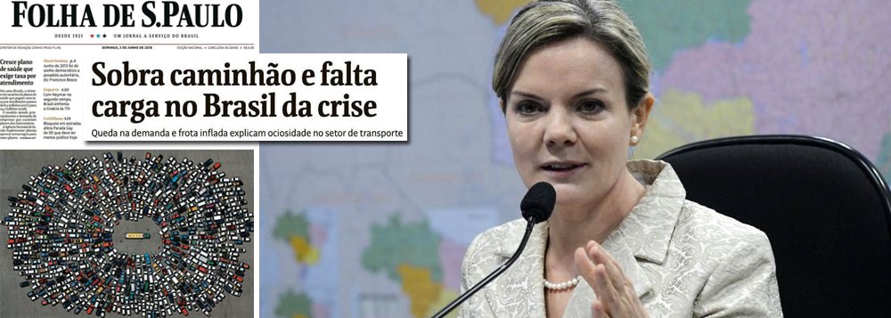 Presidente do PT, senadora Gleisi Hoffmann rebatou argumento defendida pela Folha neste domingo, 3, para justificar o desastre causado pela política de Pedro Parente na Petrobras; "Impressionante o esforço da mídia pra dizer que a crise que vivemos é porque os governos do PT financiaram a renovação e aumento da frota de caminhões e mantiveram preços decentes para os combustíveis! O que eles querem para os trabalhadores são caminhões velhos e combustíveis caros", disse Gleisi