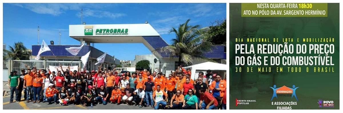 A manifestação nacional dos funcionários da Petrobras em defesa da redução dos preços do gás de cozinha e dos combustíveis, além de denunciar o processo em curso de privatização da empresa e exigir a demissão do atual presidente da empresa, Pedro Parente, teve início na manhã de hoje, em diversas refinarias. Em Fortaleza, os petroleiros se reuniram na Refinaria Lubrificantes e Derivados do Nordeste (Lubnor), no Mucuripeo. À noite também haverá um ato público, a partir das 18:30h, no Polo da Av. Sargento Hermínio, organizado pelo Sindicato dos Petroleiros do Ceará e Piauí (Sindipetro-CE/PI), com o apoio das Frentes Brasil Popular e Povo Sem Medo