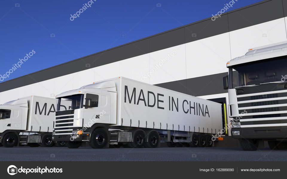 Freight semi trucks with MADE IN CHINA caption on the trailer loading or unloading. Road cargo transportation 3D