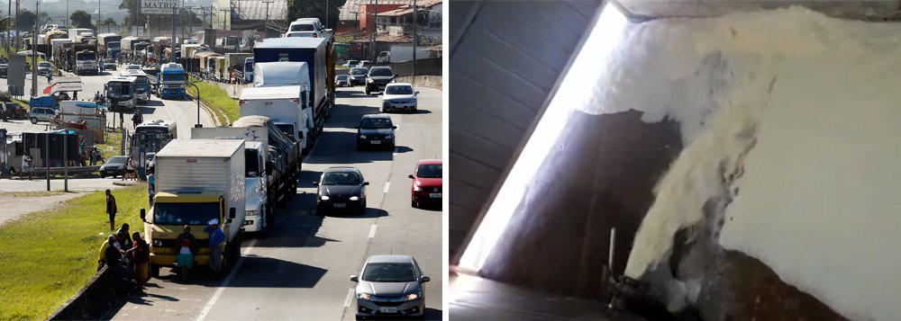 A alta do óleo diesel e a consequente greve dos caminhoneiros continuam jogando pressão em cima do governo Temer; na região de Passos, no Sul de Minas Gerais, por exemplo, cerca de 500 mil litros de leite foram jogados fora porque o produto se estraga facilmente; não há transporte para o produto