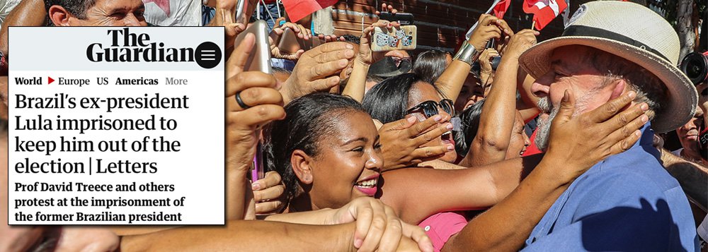 Jornal britânico The Guardian destacou texto assinado por vários professores e intelectuais ingleses com críticas à prisão do ex-presidente Luiz Inácio Lula da Silva; "Há provas contundentes de sua inocência e que ele foi julgado injustamente e preso, de modo a negar seu direito legítimo de concorrer às eleições presidenciais de outubro, onde atualmente lidera as pesquisas", diz o manifesto