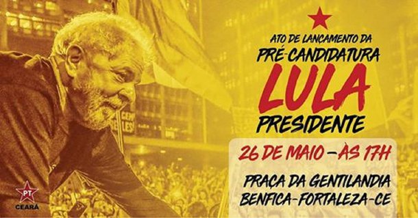 A direção estadual do Partido dos Trabalhadores marcou para o próximo sábado (26), o lançamento oficial da pré-candidatura do ex-presidente Lula, no Ceará. O ato será na Praça da Gentilândia, em Fortaleza, a partir das 17 horas, com a participação das principais lideranças do partido. O lançamento acontece em todo o Brasil, no final de semana, por orientação da direção nacional do partido. No Ceará, diversos diretórios do partido, no interior do estado, também farão o lançamento simbólico, no sábado e no domingo
