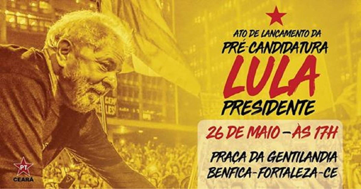 A direção estadual do Partido dos Trabalhadores marcou para o próximo sábado (26), o lançamento oficial da pré-candidatura do ex-presidente Lula, no Ceará. O ato será na Praça da Gentilândia, em Fortaleza, a partir das 17 horas, com a participação das principais lideranças do partido. O lançamento acontece em todo o Brasil, no final de semana, por orientação da direção nacional do partido. No Ceará, diversos diretórios do partido, no interior do estado, também farão o lançamento simbólico, no sábado e no domingo