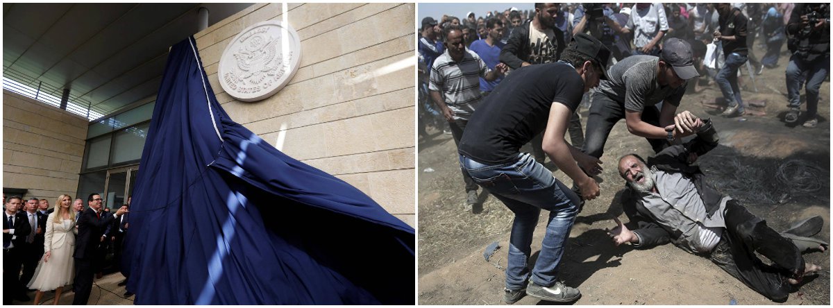
As forças de segurança de Israel mataram ao menos 55 palestinos que protestavam contra a transferência da embaixada dos Estados Unidos para Jerusalém nesta segunda-feira 14; outros 1.200 ficaram feridos após a manifestação na Faixa de Gaza; foi o dia mais violento na região desde o conflito entre Hamas e Israel, em 2014; não houve praticamente nenhuma menção à violência em Gaza na cerimônia de inauguração da nova embaixada
