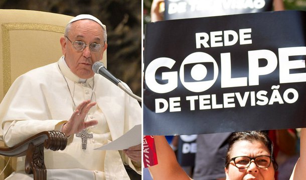 Para o jornalista e presidente do Centro de Estudos da Mídia Alternativa Barão de Itararé, Altamiro Borges, o papa Francisco, que tem sido vítima de conspirações dos setores reacionários da Igreja Católica, demonstra não se intimidar; ""Em um recado que até poderia ser endereçado à Rede Globo, ele afirmou que ao caluniar sem provas as autoridades públicas a imprensa cria as condições para 'golpes de Estado'", diz Altamiro 