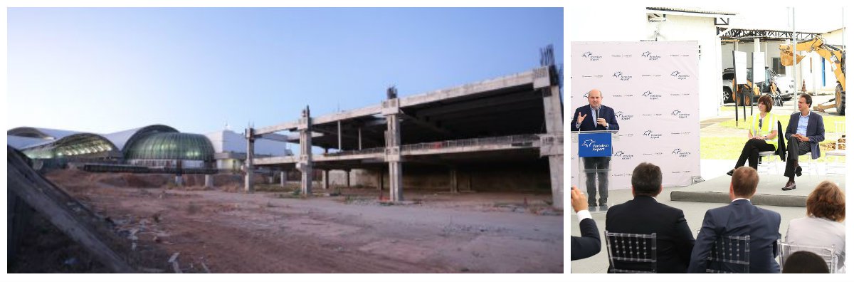  Após mais de quatro anos paradas, finalmente foram retomadas as obras de reforma e ampliação do Aeroporto Internacional Pinto Martins. A obra, avaliada em R$ 800 milhões, contempla a expansão do terminal de passageiros, adequações no sistema viário e nas vias de taxiamento e ampliação de pouso e decolagem. A previsão da Fraport Brasil, concessionária do aeroporto, é que o novo equipamento seja inaugurado em maio de 2020. O prefeito Roberto Cláudio e o governador Camilo Santana participaram da solenidade de lançamento da pedra fundamental que marcou o reinício das obras, juntamente com a presidente da Fraport no Brasil, Andrea Pal