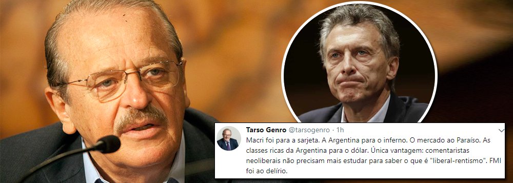 Em dois tuítes demolidores, o ex-governador Tarso Genro dá um veredito amargo para o presidente argentino Mauricio Macri; Genro diz que Macri é “símbolo do ajuste como genocídio social, da indiferença com o destino dos pobres, das manipulações do rentismo, é cadáver político e blefe com fratura exposta: mentiroso, apoiado e incensado pelos mercados e pela grande mídia, acaba de apresentar-se na sarjeta da História”