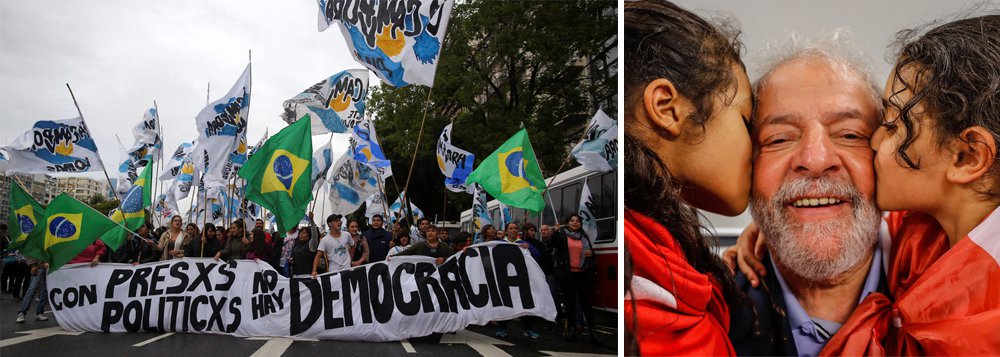 Argentinos vão em frente à embaixada do Brasil em Buenos Aires pedir pela liberdade do ex presidente Lula; eles repudiam a perseguição política, judicial e midiática contra o líder brasileiro, “pretendem encarcerar o primeiro presidente trabalhador da América Latina numa atitude de revanchismo”, afirmou o deputado Hugo Yasky