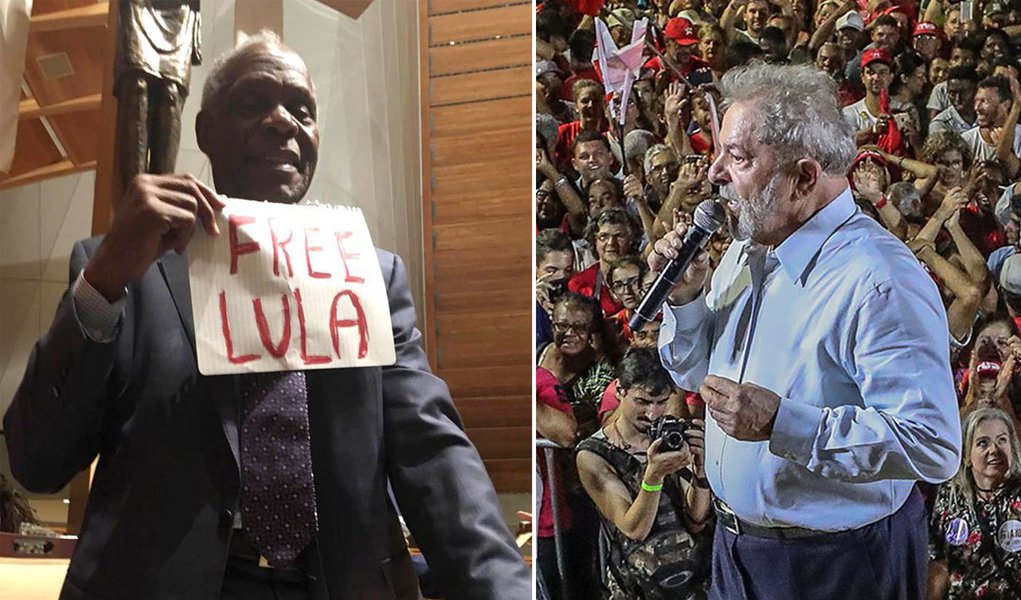Viraliza nas redes sociais nesta sexta-feira, 4, uma foto do ator e ativista Danny Glover em que ele pede a liberdade do ex-presidente Lua, que é mantido como preso político na superintendência da Polícia Federal em Curitiba; junto com a ativista política americana Angela Davis, Glover apoiou a campanha pela indicação de Lula para o prêmio Nobel da Paz, lançada pelo vencedor do Nobel Adolfo Perez Esquivel