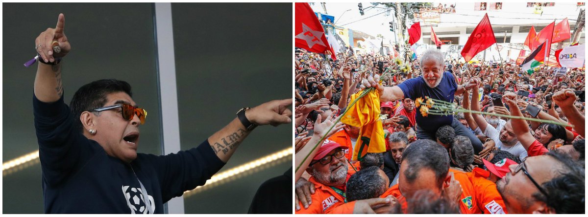 A maior jogador da história da Argentina, Diego Maradona, voltou a manifestar seu apoio do ex-presidente Lula; “Meu amigo Lula, tenha muita força porque você deu ao Brasil o que ele merece. Os corruptos, infelizmente, vencem algumas batalhas, mas as guerras dos países são vencidas por aqueles que realmente querem bem ao povo”