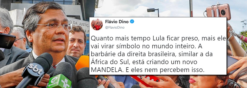 O governador Flávio Dino (PCdoB) criticou nessa terça-feira, 10, a decisão de uma juíza que o impediu, e a outros oito governadores, de visitar o ex-presidente Luiz Inácio Lula da Silva, vítima de prisão política na Superintendência da Polícia Federal em Curitiba; "Quanto mais tempo Lula ficar preso, mais ele vai virar símbolo no mundo inteiro. A barbárie da direita brasileira, similar a da África do Sul, está criando um novo MANDELA. E eles nem percebem isso", disse Dino pelo Twitter (Foto: Aquiles Lins) O governador Flávio Dino (PCdoB) criticou nessa terça-feira, 10, a decisão de uma juíza que o impediu, e a outros oito governadores, de visitar o ex-presidente Luiz Inácio Lula da Silva, vítima de prisão política na Superintendência da Polícia Federal em Curitiba; "Quanto mais tempo Lula ficar preso, mais ele vai virar símbolo no mundo inteiro. A barbárie da direita brasileira, similar a da África do Sul, está criando um novo MANDELA. E eles nem percebem isso", disse Dino pelo Twitter